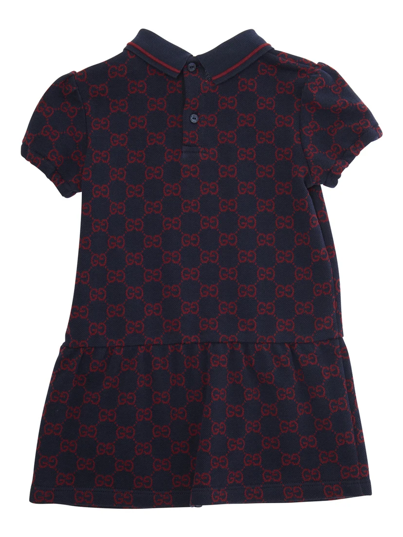 Blue Dress with Peter Pan Collar and GG All-Over Pattern in Cotton Baby