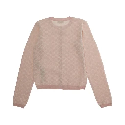 Pink Cardigan with Round Neck and All-Over GG Motif in Wool Girl