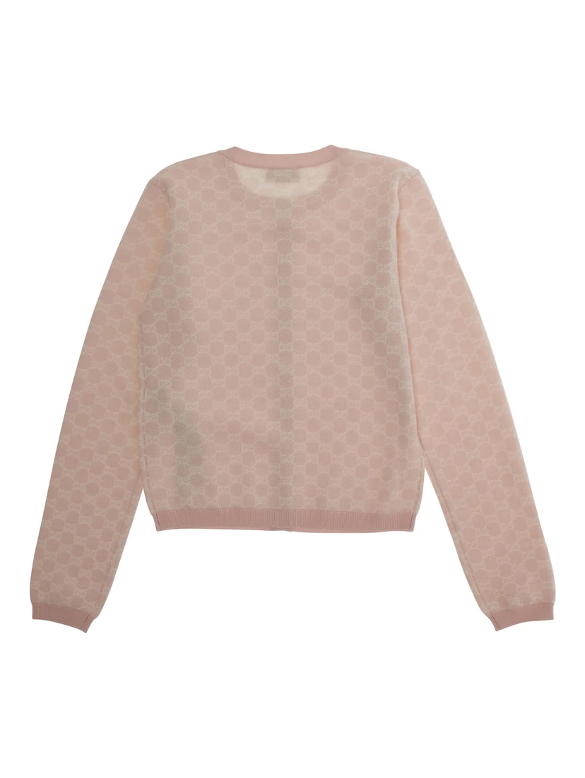 Pink Cardigan with Round Neck and All-Over GG Motif in Wool Girl