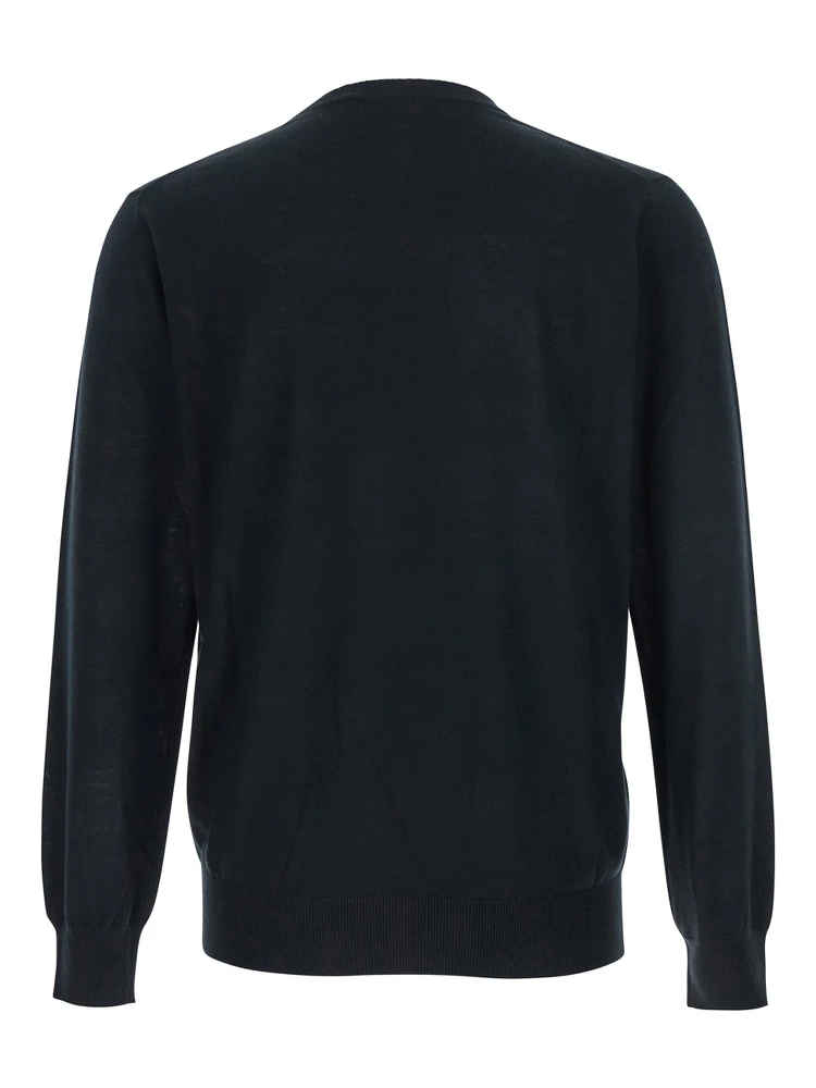 Black Crewneck Sweater with Ribbed Trims in Wool Man alternative