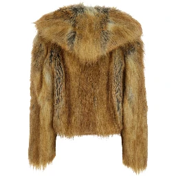 Brown Fur Coat with Hood and Front Fastening in Faux Fur Woman