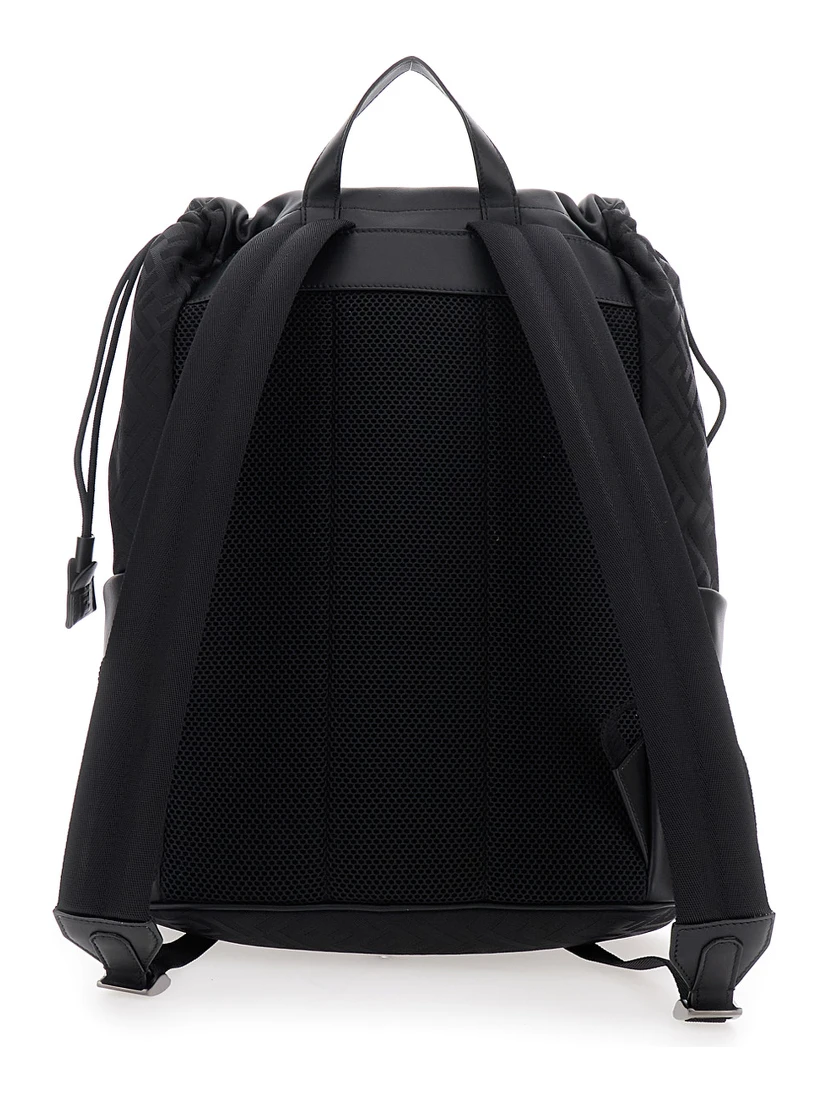 Black Backpack with Logo Plaque and All-Over FF Motif in Nylon Man