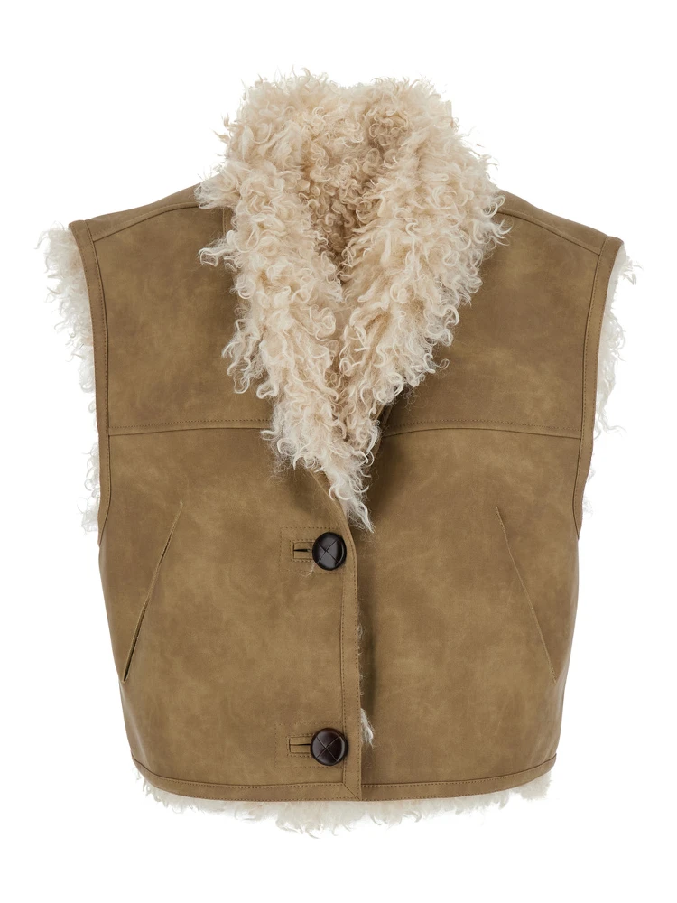 Beige Shearling Coat with Reversible Deisgn and Button Closure in Fur Woman