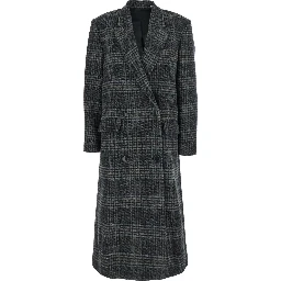 Lexana Grey Double-Breasted Coat with Peak Revers and All-Over Check Motif in Wool Woman