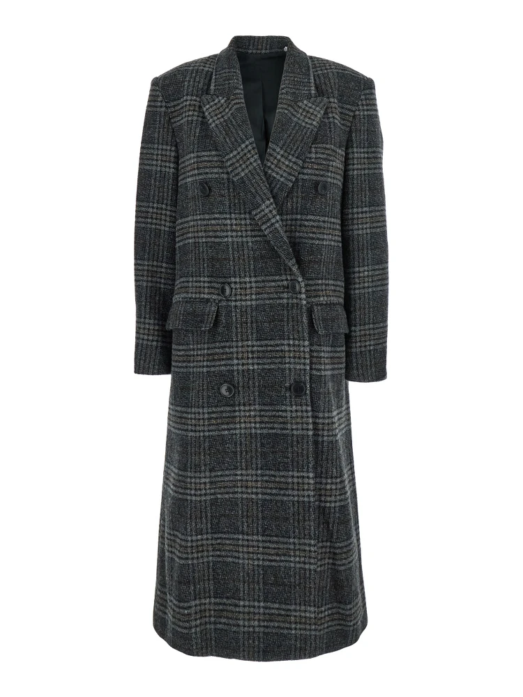 Lexana Grey Double-Breasted Coat with Peak Revers and All-Over Check Motif in Wool Woman