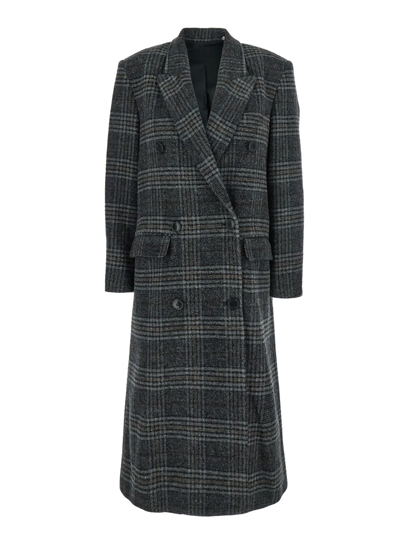 Lexana Grey Double-Breasted Coat with Peak Revers and All-Over Check Motif in Wool Woman