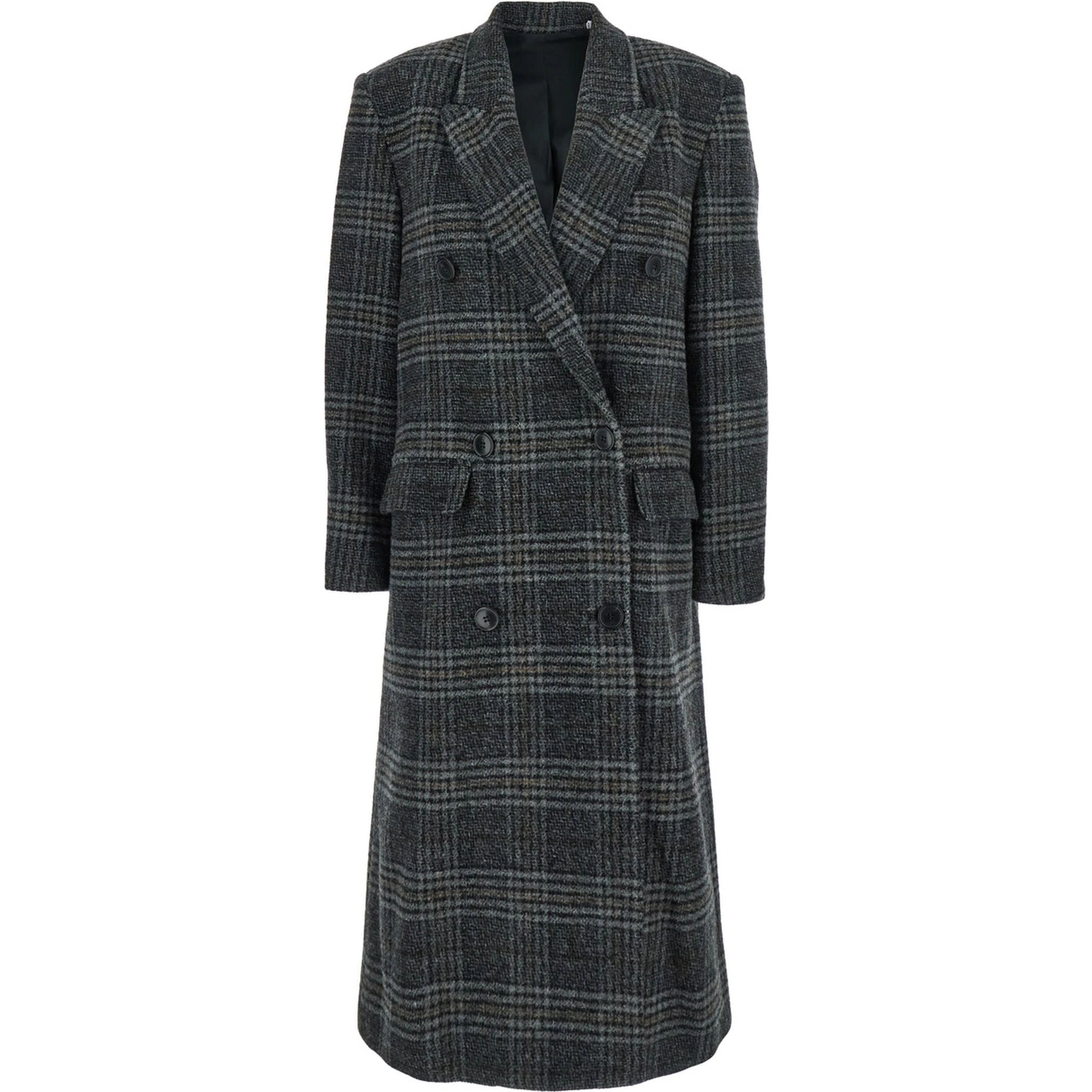 Lexana Grey Double-Breasted Coat with Peak Revers and All-Over Check Motif in Wool Woman