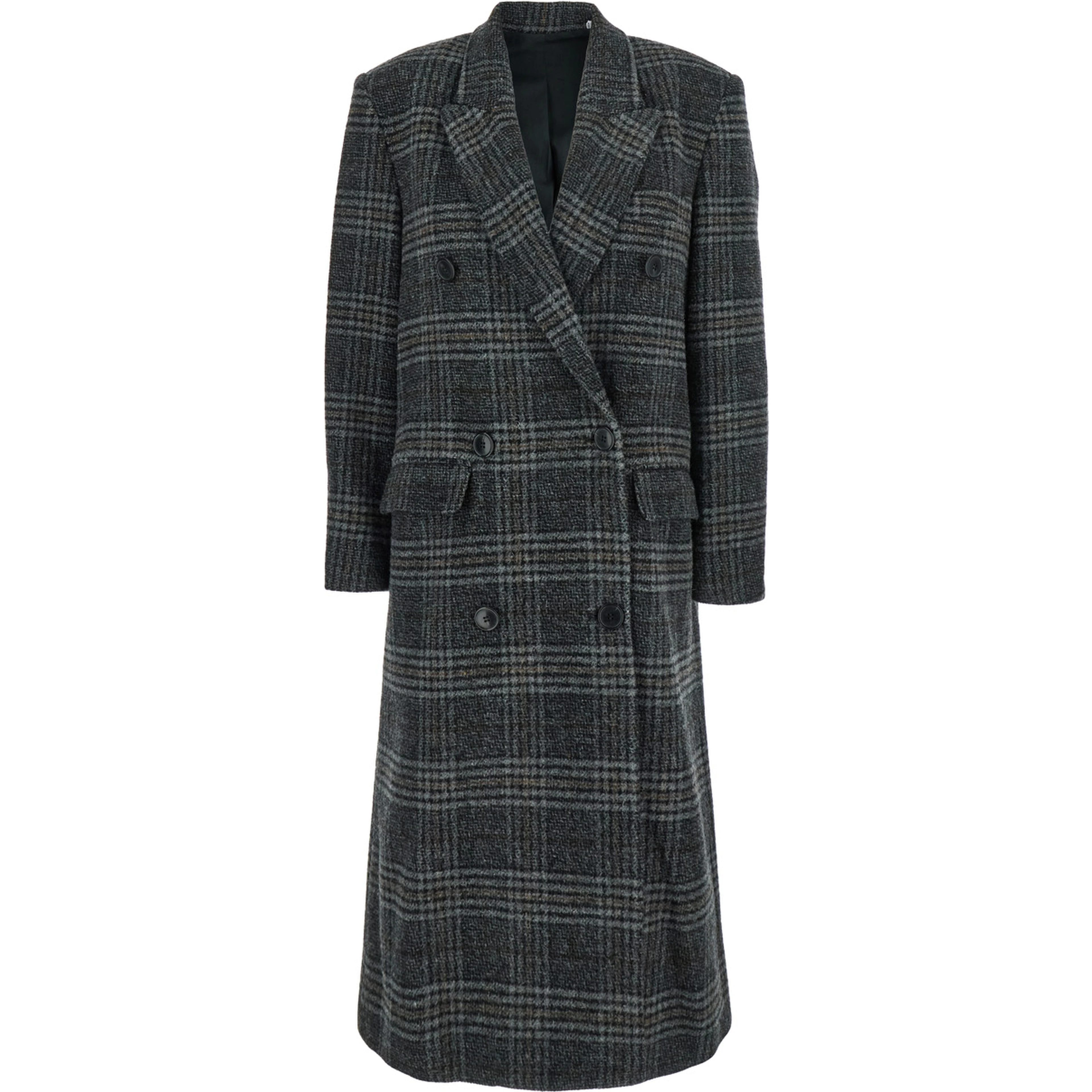 Lexana Grey Double-Breasted Coat with Peak Revers and All-Over Check Motif in Wool Woman