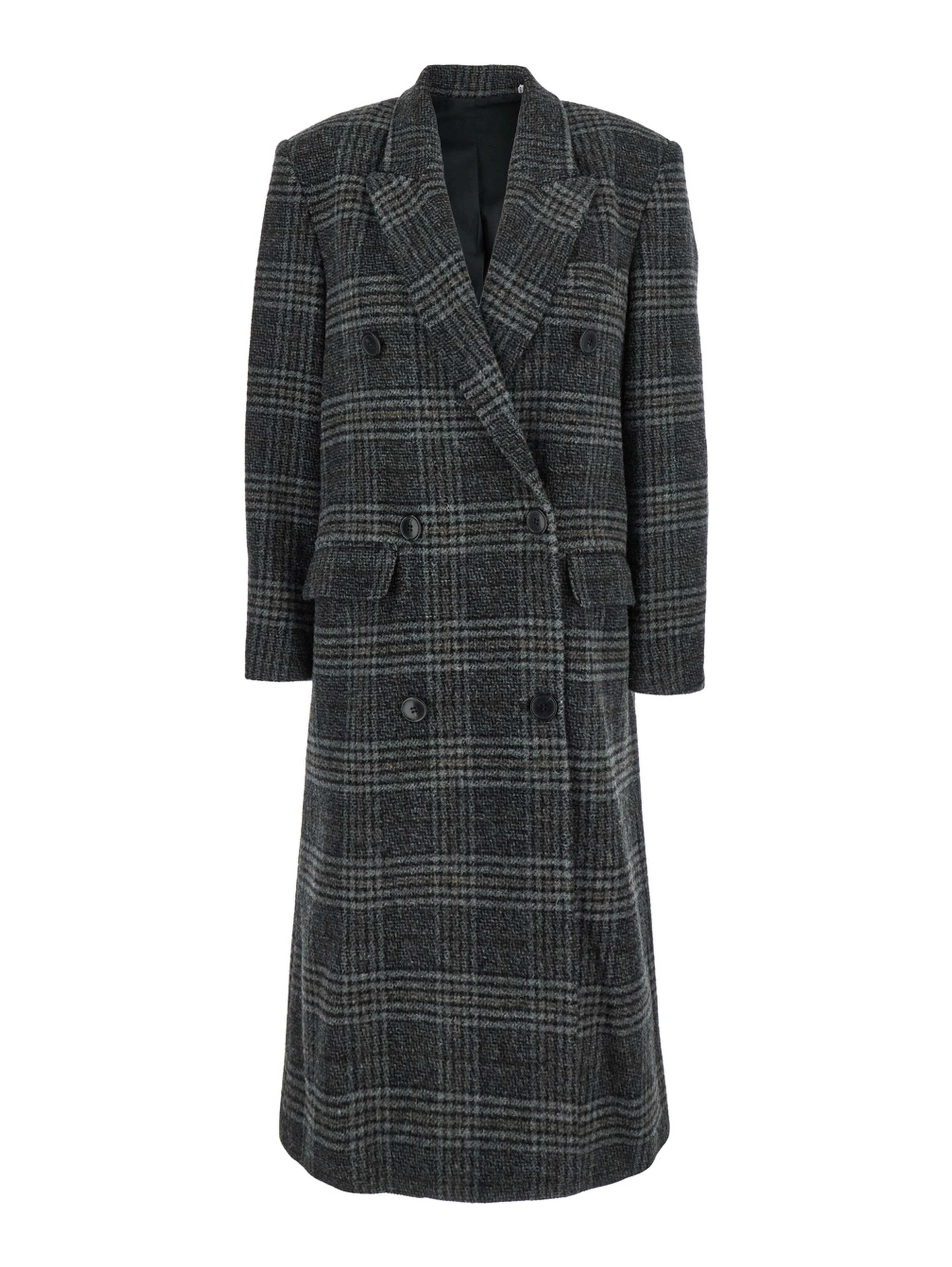 Lexana Grey Double-Breasted Coat with Peak Revers and All-Over Check Motif in Wool Woman