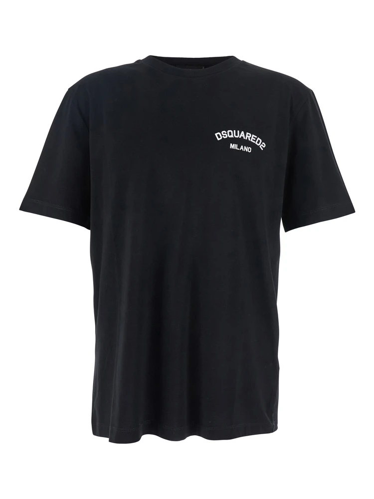 Black Crewneck T-Shirt with Logo Lettering on the Front in Cotton Man