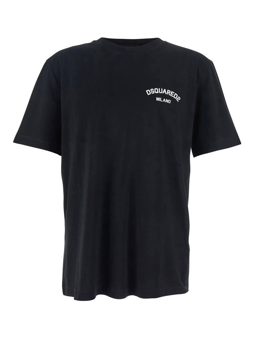 Black Crewneck T-Shirt with Logo Lettering on the Front in Cotton Man