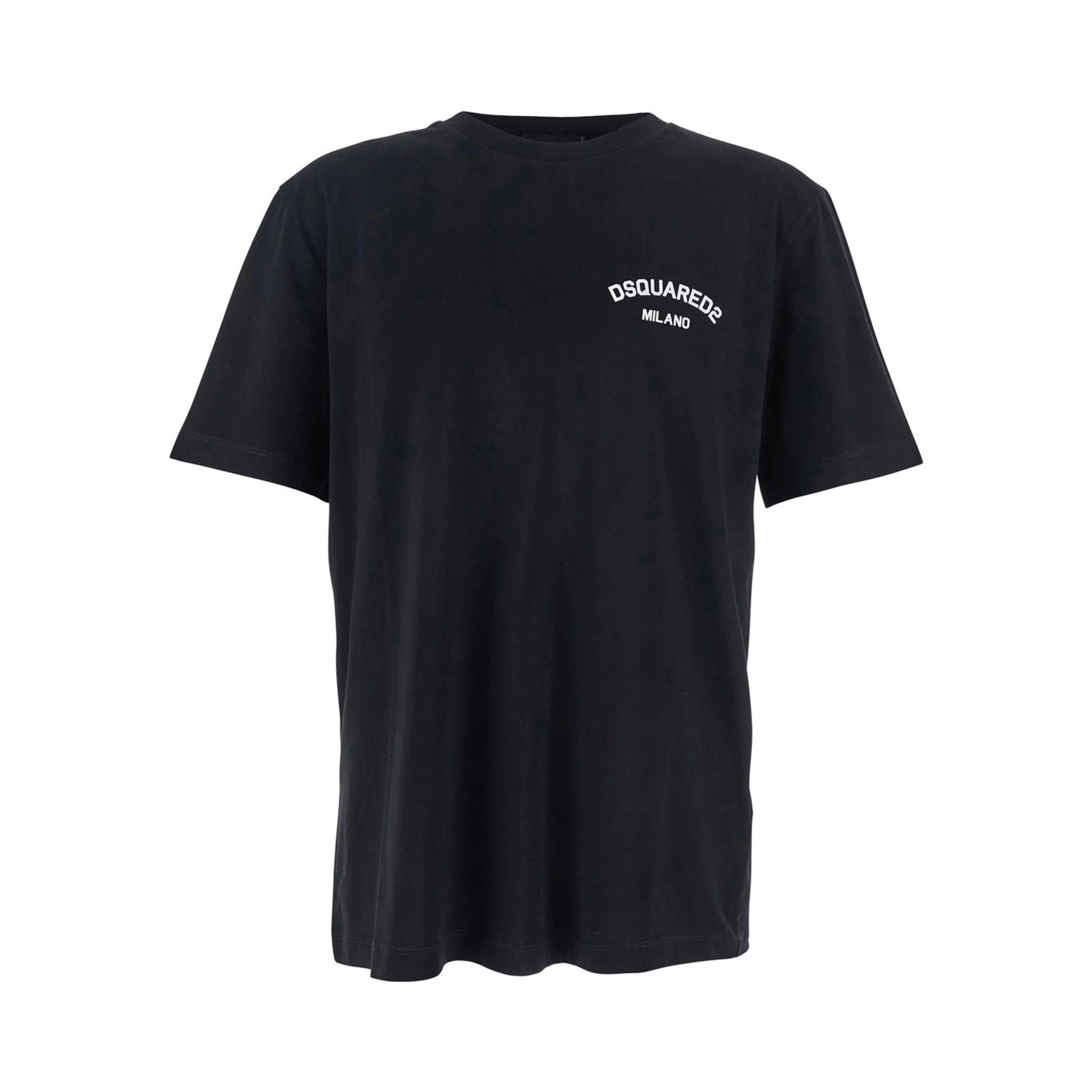 Black Crewneck T-Shirt with Logo Lettering on the Front in Cotton Man