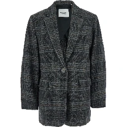 Gesina Grey Single-Breasted Jacket with Notched Revers and All-Over Check Motif in Wool Woman