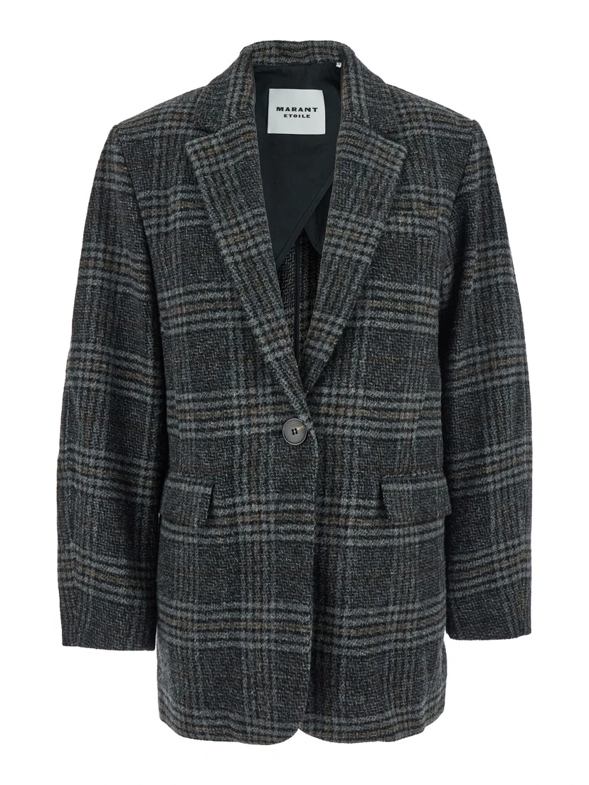 Gesina Grey Single-Breasted Jacket with Notched Revers and All-Over Check Motif in Wool Woman