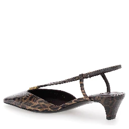 Brown Slingback Pumps with Square Toe and Animalier Motif in Leather Woman