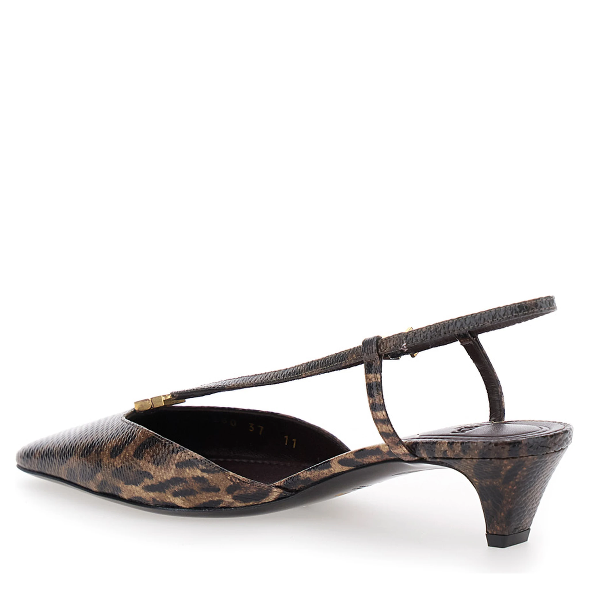 Brown Slingback Pumps with Square Toe and Animalier Motif in Leather Woman