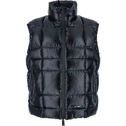 Black Sleeveless Down Jacket with High Neck and Logo Patch on the Front in Tech Fabric Man