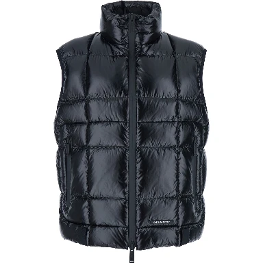 Black Sleeveless Down Jacket with High Neck and Logo Patch on the Front in Tech Fabric Man