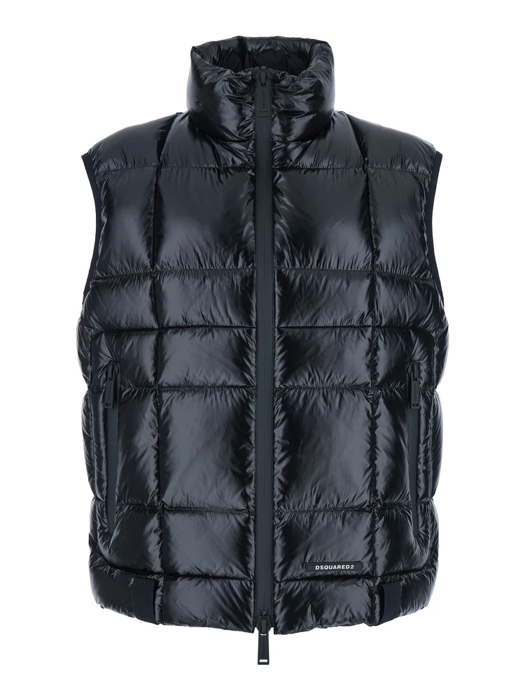 Black Sleeveless Down Jacket with High Neck and Logo Patch on the Front in Tech Fabric Man