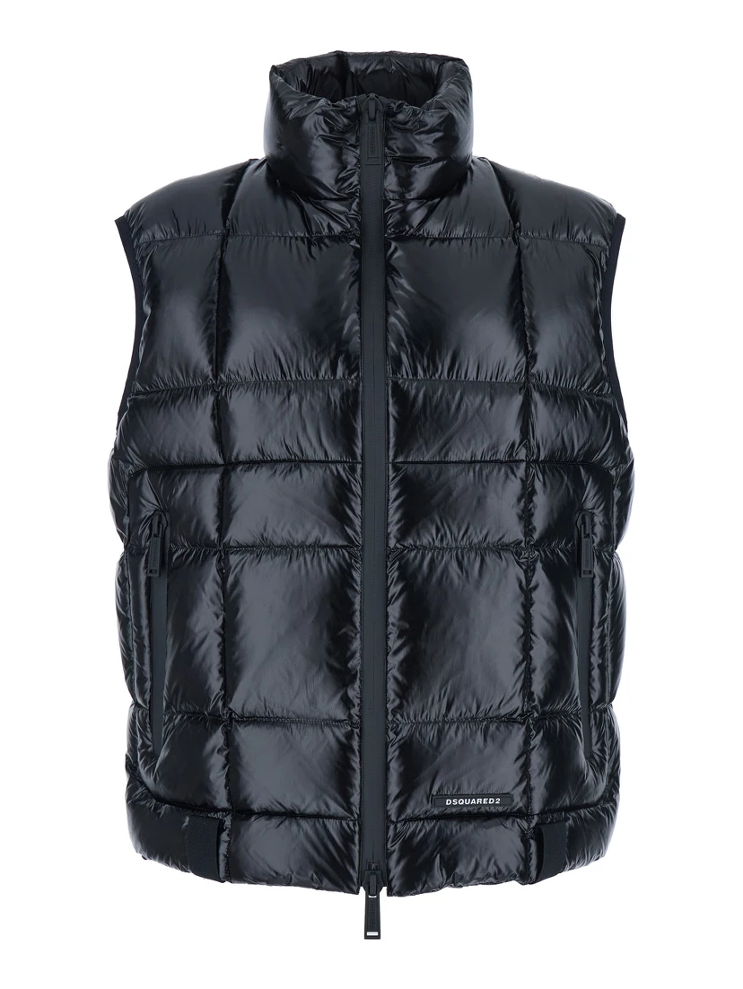 Black Sleeveless Down Jacket with High Neck and Logo Patch on the Front in Tech Fabric Man