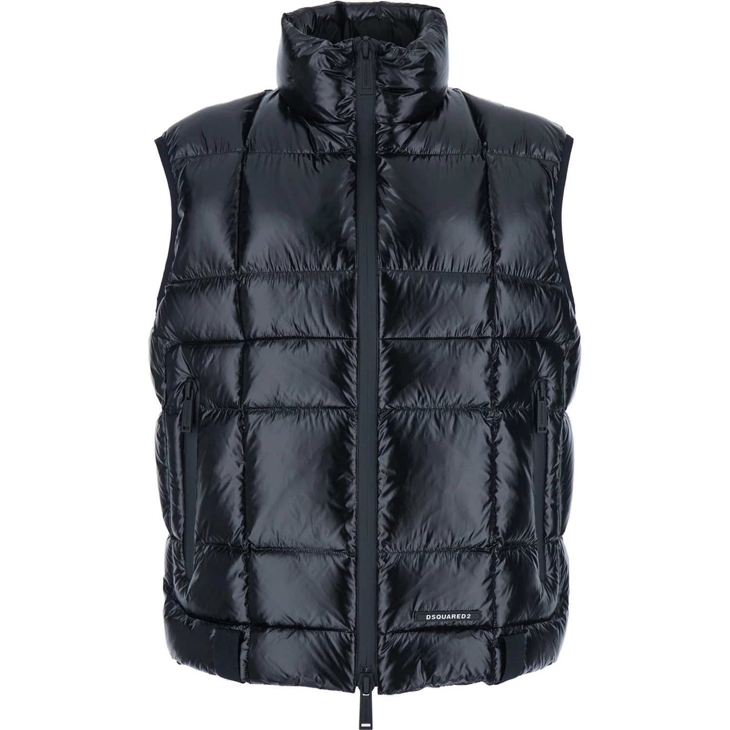 Black Sleeveless Down Jacket with High Neck and Logo Patch on the Front in Tech Fabric Man
