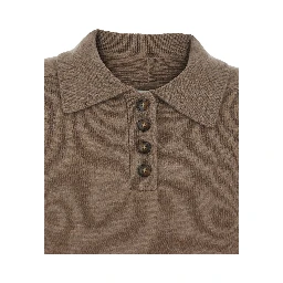 Brown Polo Shirt Style Sweater with Classic Collar and Ribbed Trims in Cashmere Woman