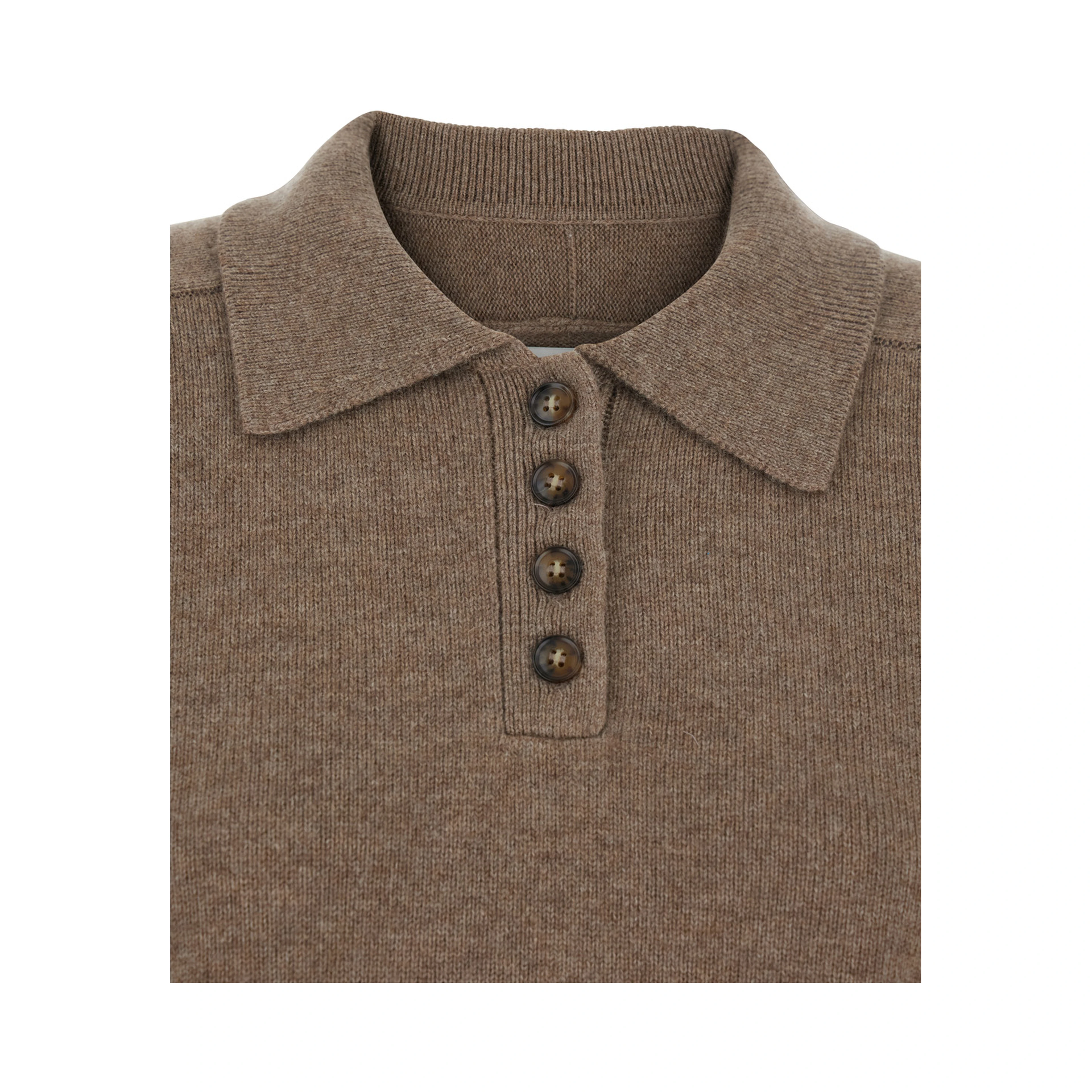 Brown Polo Shirt Style Sweater with Classic Collar and Ribbed Trims in Cashmere Woman
