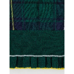 Green Crew Neck Sweater with Tartan Pattern and Fringed Hem in Wool Woman