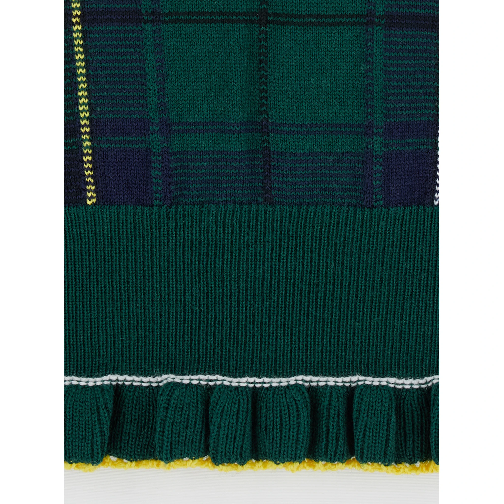 Green Crew Neck Sweater with Tartan Pattern and Fringed Hem in Wool Woman
