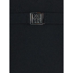 Black One-piece Swimsuit with V-neck and Belt with Plate in Tech Fabric Woman