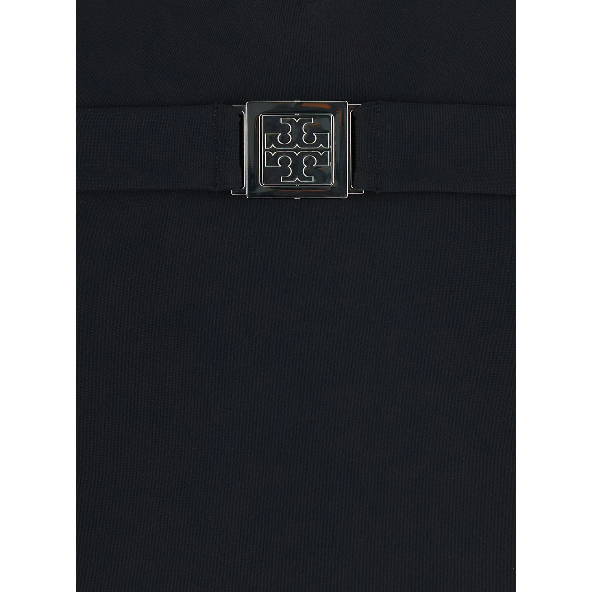 Black One-piece Swimsuit with V-neck and Belt with Plate in Tech Fabric Woman