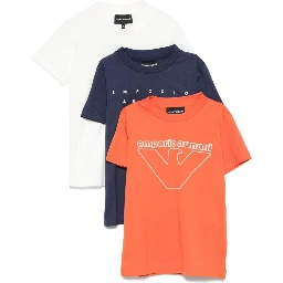 Multicolor Set of Crew Neck T-Shirts with Logo on the Front in Cotton Boy
