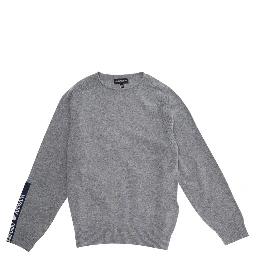 Grey Crewneck Sweater with Logo Detail on the Sleeve and Ribbed Trims in Wool and Cotton Blend Boy