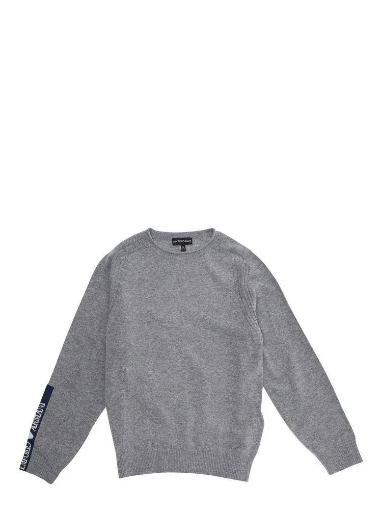 Grey Crewneck Sweater with Logo Detail on the Sleeve and Ribbed Trims in Wool and Cotton Blend Boy