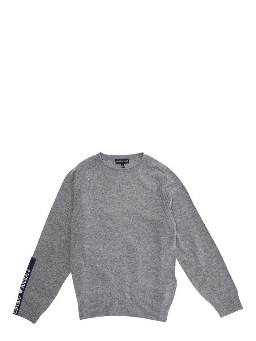 Grey Crewneck Sweater with Logo Detail on the Sleeve and Ribbed Trims in Wool and Cotton Blend Boy