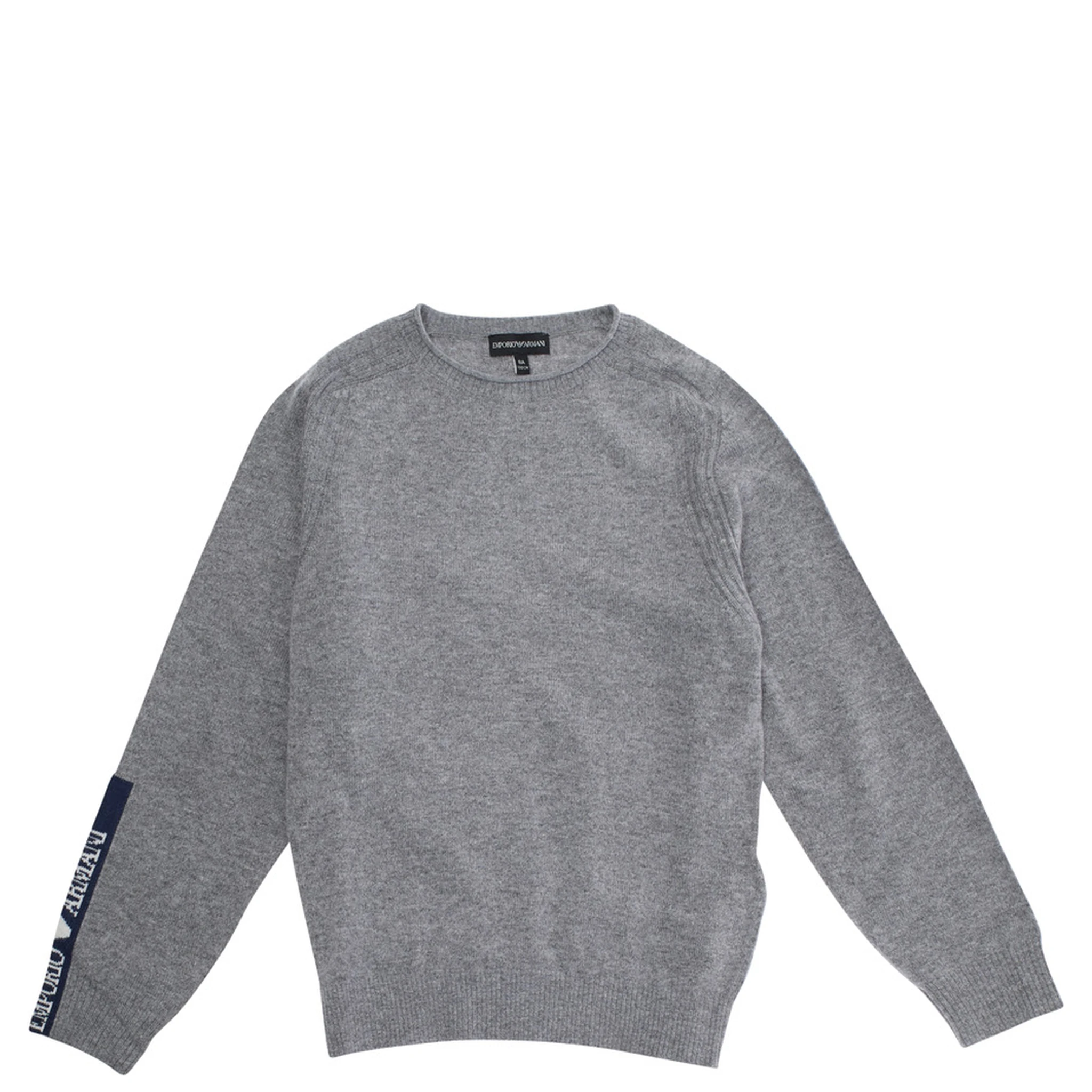 Grey Crewneck Sweater with Logo Detail on the Sleeve and Ribbed Trims in Wool and Cotton Blend Boy