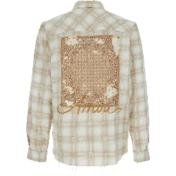 Beige Shirt with Check Pattern and Lettering Logo on Front and Backin Flannel Man