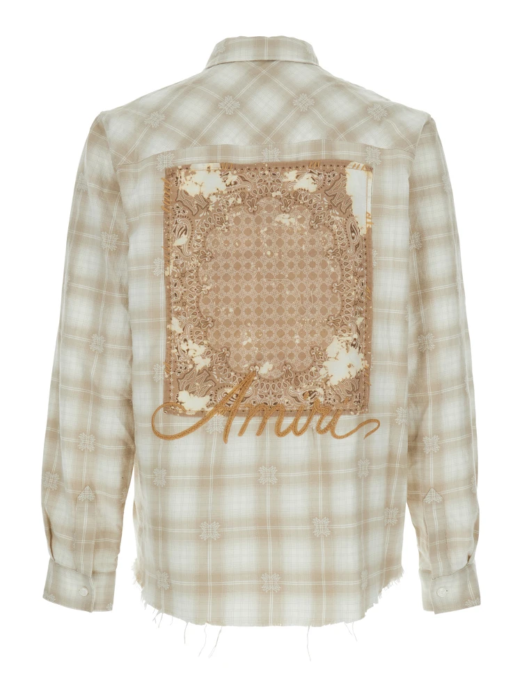 Beige Shirt with Check Pattern and Lettering Logo on Front and Backin Flannel Man alternative