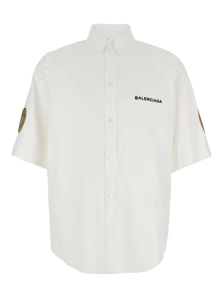White Shirt with Logo Lettering on the Front and Logo Patch on the Sleeve in Cotton Man