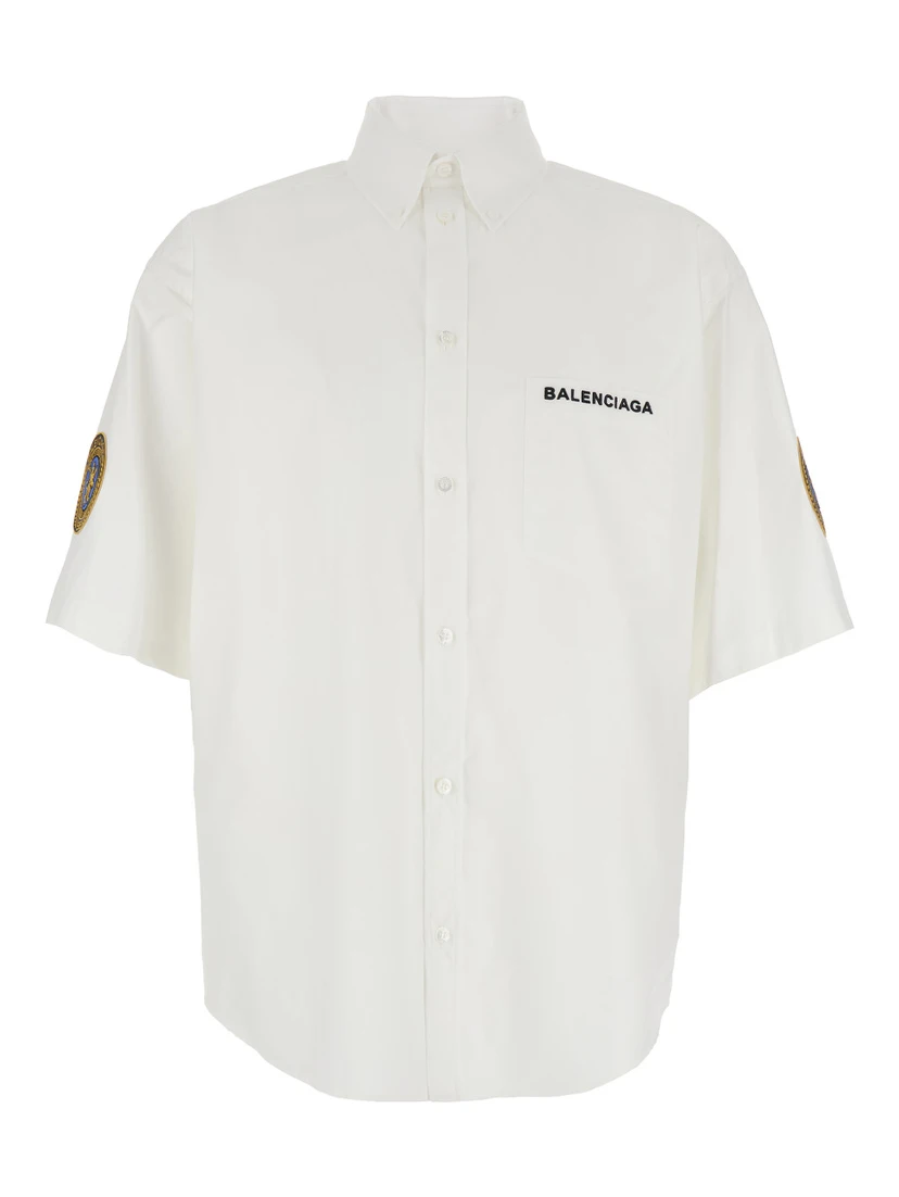 White Shirt with Logo Lettering on the Front and Logo Patch on the Sleeve in Cotton Man