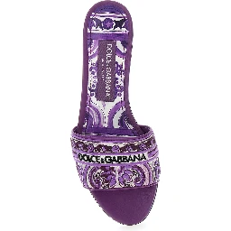 Violet Sandals with Logo Embroidery on the Front and All-Over Majolica Motif in Cotton Blend Woman
