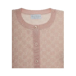 Pink Cardigan with Round Neck and All-Over GG Motif in Wool Girl