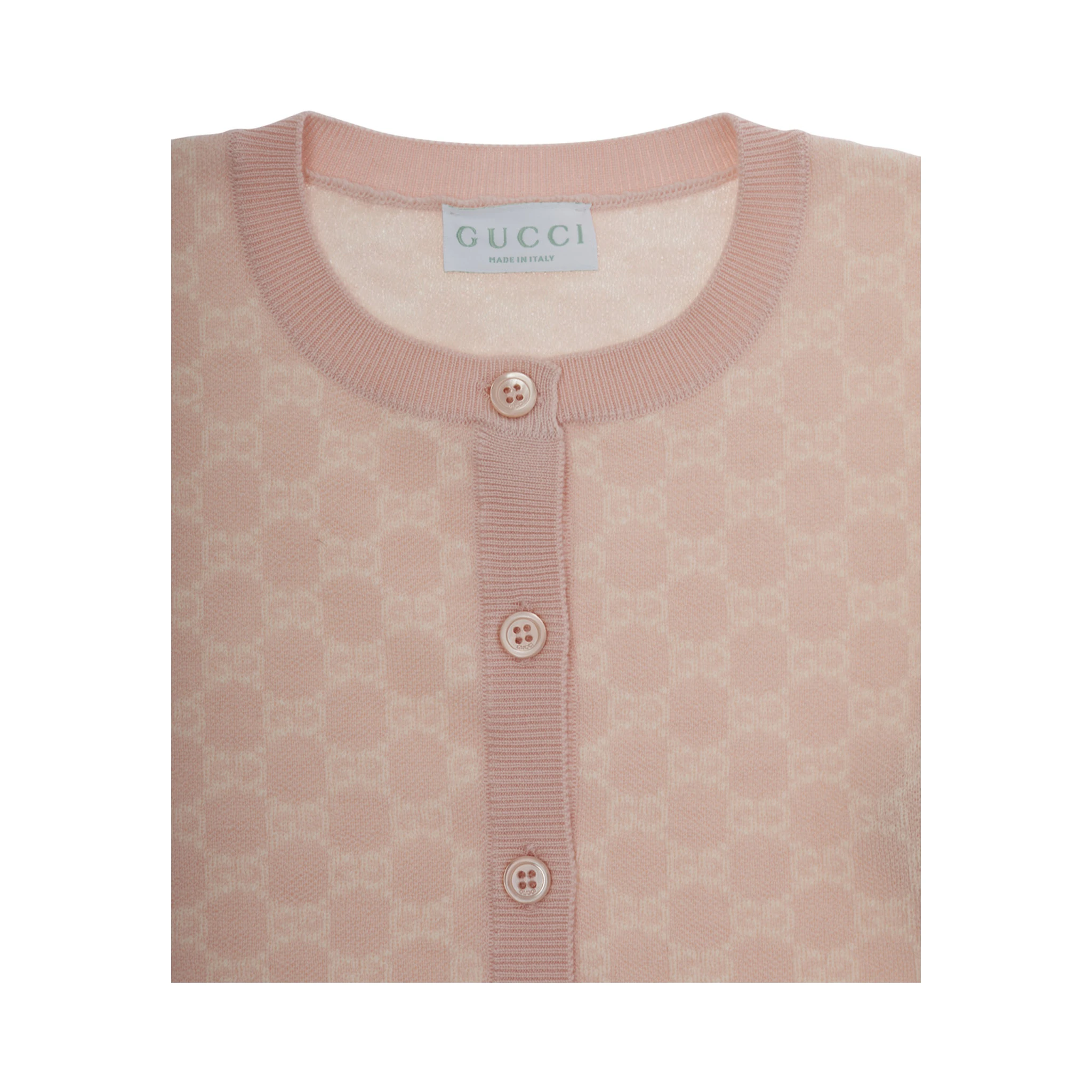 Pink Cardigan with Round Neck and All-Over GG Motif in Wool Girl