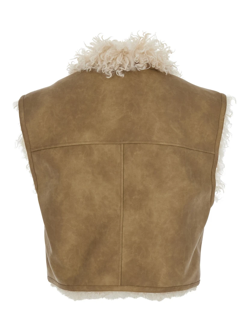 Beige Shearling Coat with Reversible Deisgn and Button Closure in Fur Woman