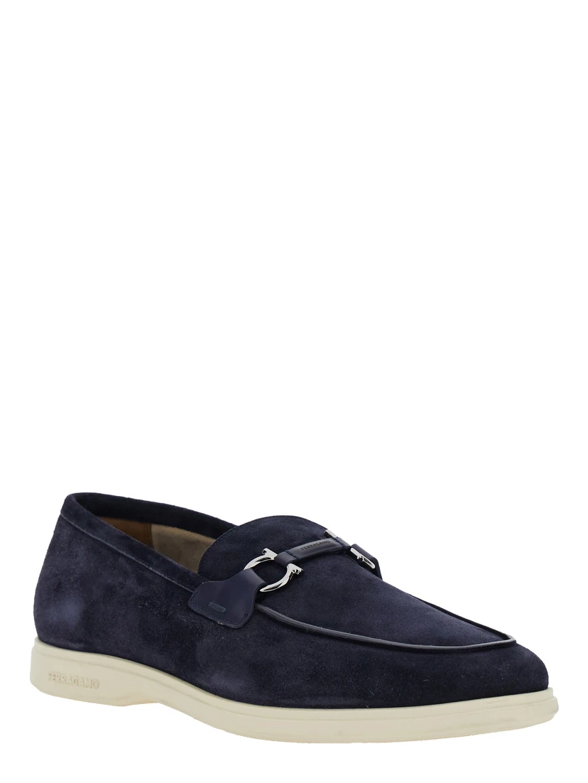 Cosimo Blue Loafers with Metallic Hooks on the Front in Suede Man