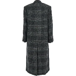 Lexana Grey Double-Breasted Coat with Peak Revers and All-Over Check Motif in Wool Woman