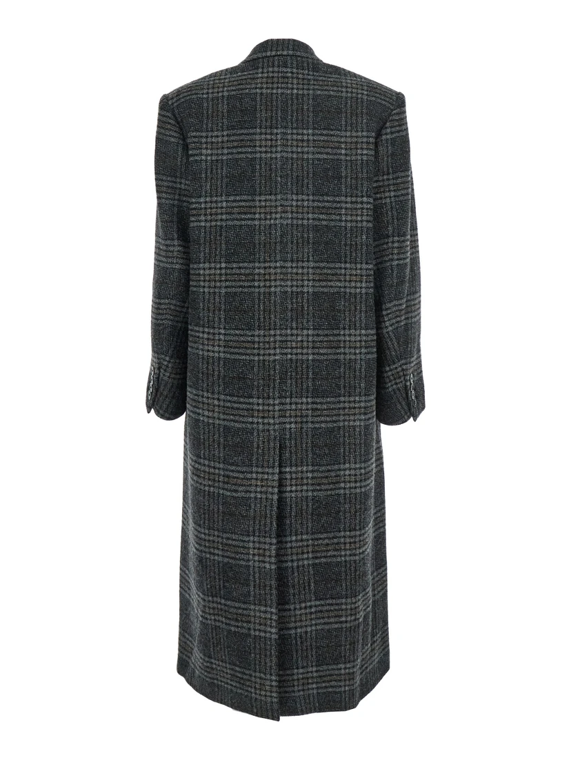 Lexana Grey Double-Breasted Coat with Peak Revers and All-Over Check Motif in Wool Woman