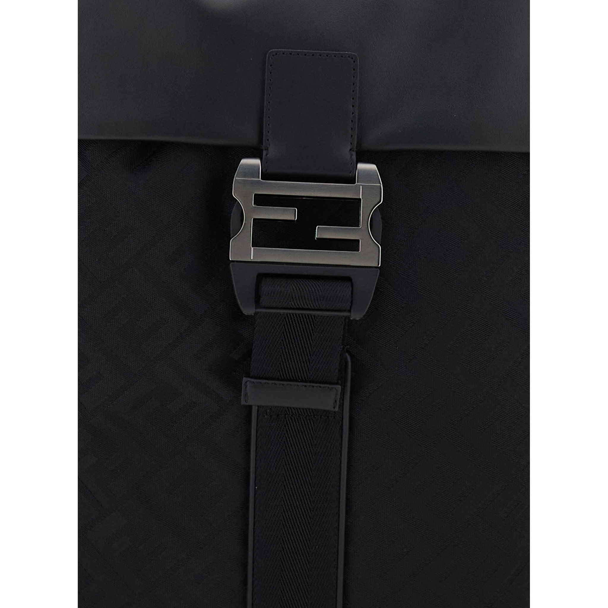 Black Backpack with Logo Plaque and All-Over FF Motif in Nylon Man