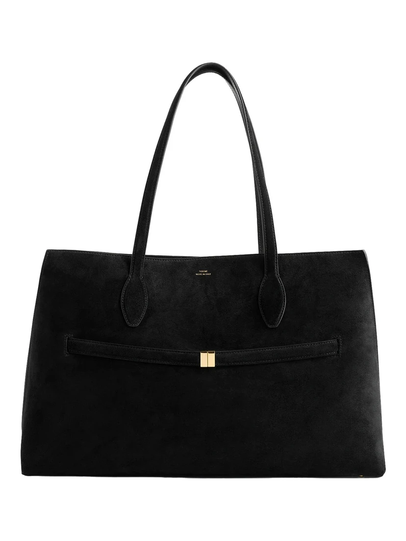 Lounge Black Tote Bag with Belt and Embossed Logo Lettering on the Front in Suede Woman