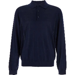 Blue Polo Shirt with Classic Collar and Ribbed Trims in Wool Man